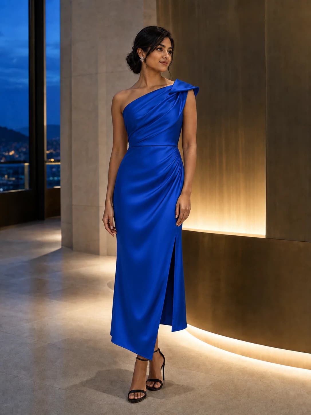 AI try-on result of the same person wearing the cobalt-blue dress