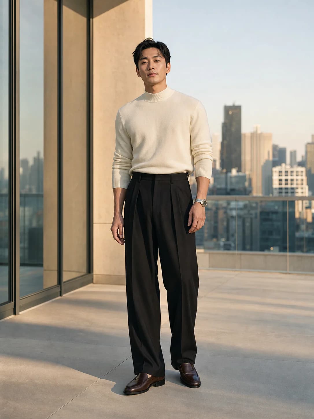 Original full-body menswear photo on a modern city terrace