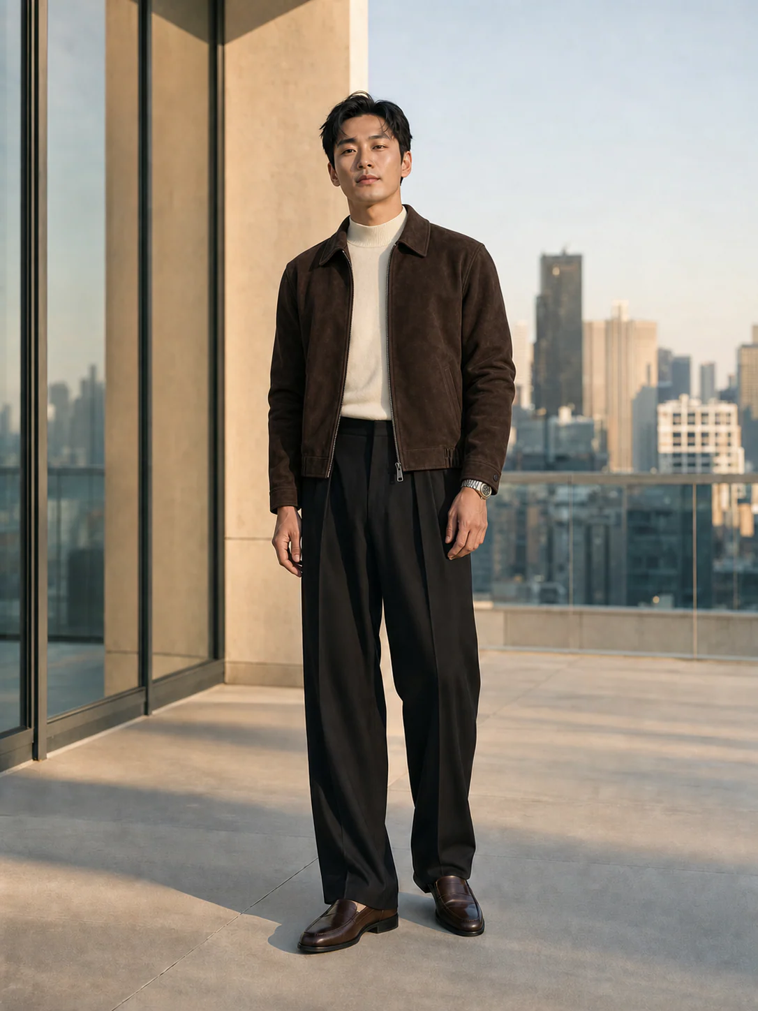 AI try-on result of the same man wearing the chocolate suede jacket